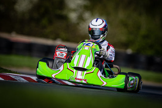 louis harvey karting in the tbkart chassis for the tb kart uk team around whilton mill at the first round of the UKC championship british karting at its finest green kart force motorsport engine